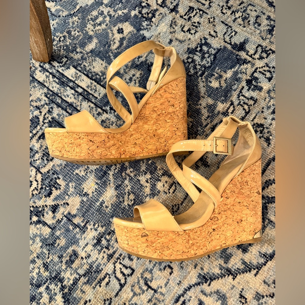 Jimmy Choo Beige Cork platform Wedge Sandals size 37 orig 795.00